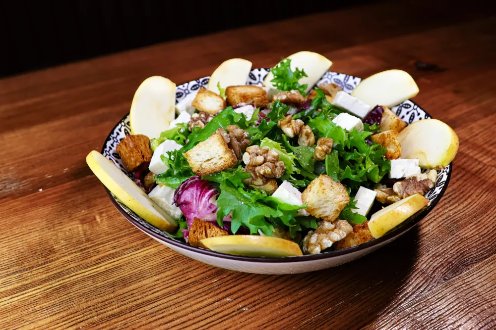 Salad with Romanian white brined cheese (Telemea) and nuts